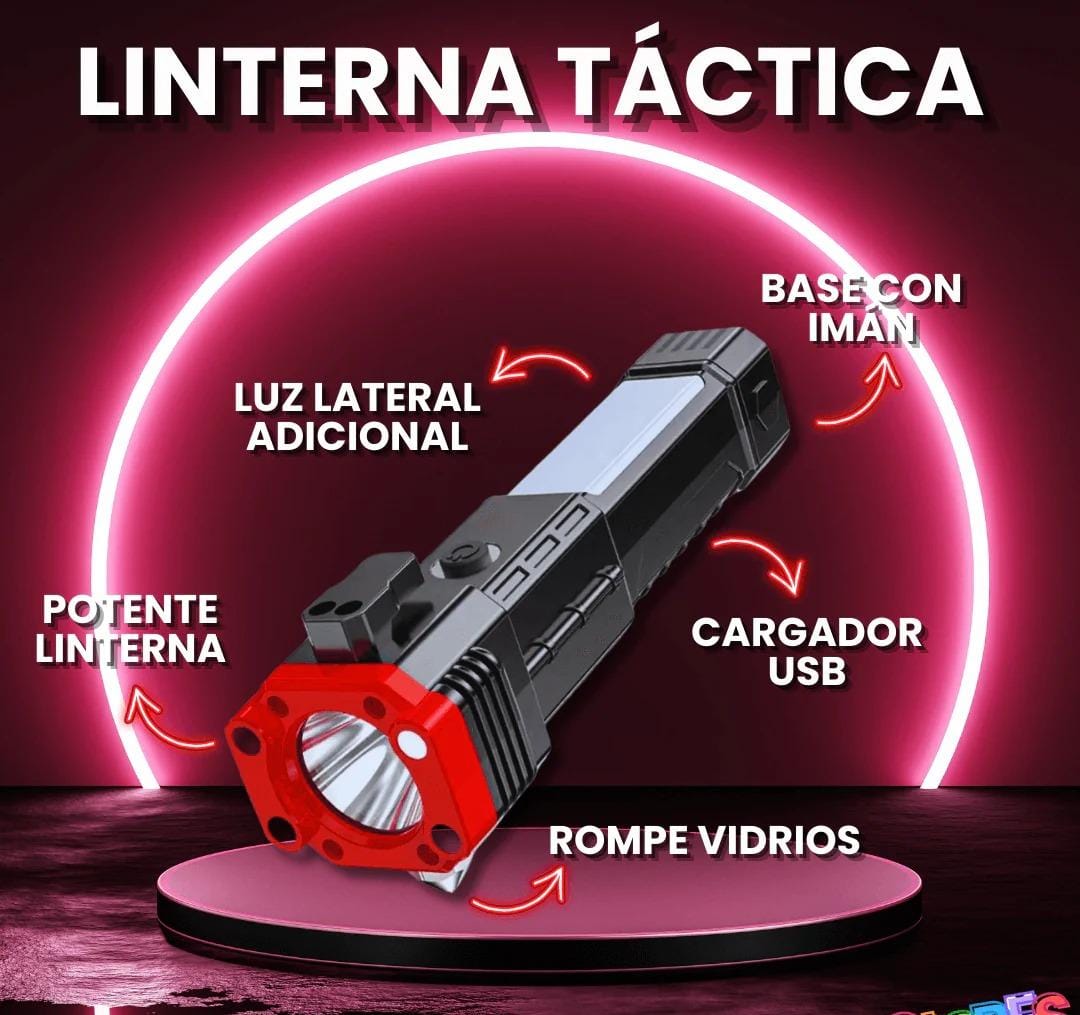 Linterna Táctica Multiuso 4 en 1 - Recargable y de Emergencia